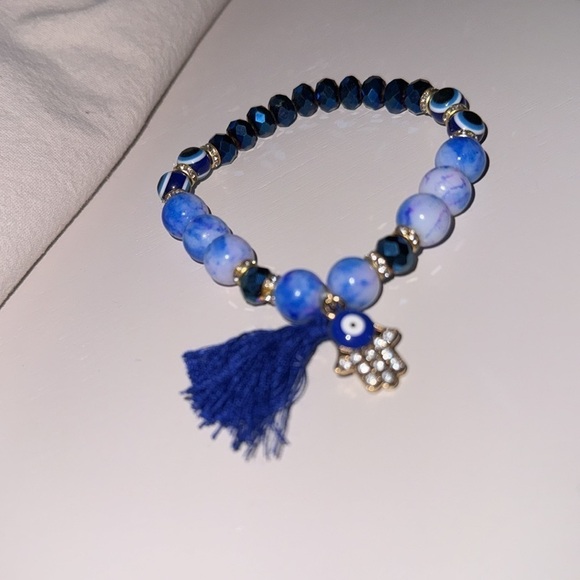 Evil eye bracelet NEW stretch beaded tassel blue marble Hamsa - Picture 2 of 3